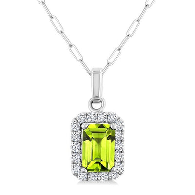 Peridot & Diamond Halo Pendant with Paperclip Chain