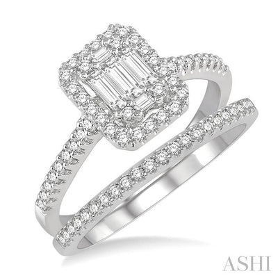 Emerald Shape Halo Fusion Diamond Wedding Set