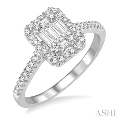 Emerald Shape Halo Fusion Diamond Engagement Ring