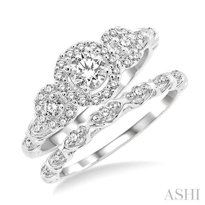Round Shape Past Present & Future Halo Diamond Wedding Set