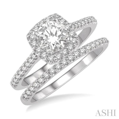 Cushion Shape Halo Diamond Wedding Set