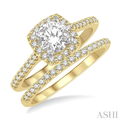 Cushion Shape Halo Diamond Wedding Set