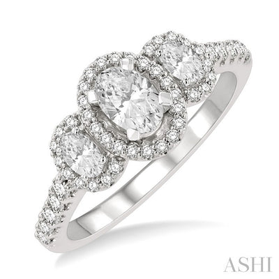 Oval Shape Past Present & Future Semi-Mount Halo Diamond Engagement Ring