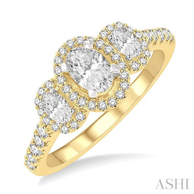 Oval Shape Past Present & Future Semi-Mount Halo Diamond Engagement Ring