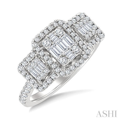 Emerald Shape Past Present & Future Halo Fusion Diamond Engagement Ring