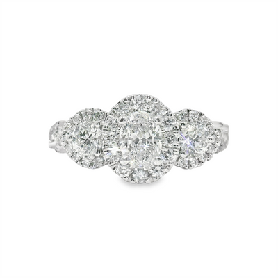 Oval Diamond Three Stone Halo Engagement Ring
