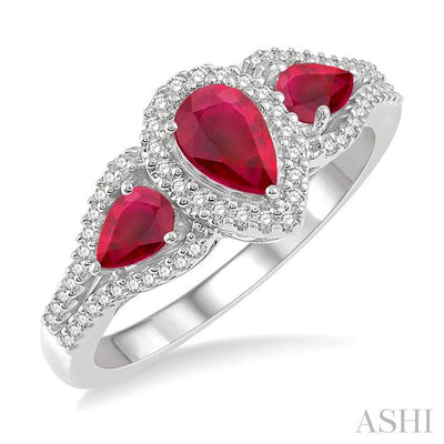 Pear Shape Past Present & Future Gemstone & Halo Diamond Ring