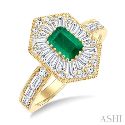 Emerald Shape Art Deco Gemstone & Halo Diamond Fashion Ring