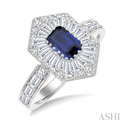 Emerald Shape Art Deco Gemstone & Halo Diamond Fashion Ring