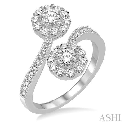 2 Stone Halo Diamond Fashion Open Ring