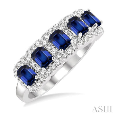 Emerald Shape 5 Gemstone & Halo Diamond Wedding Band