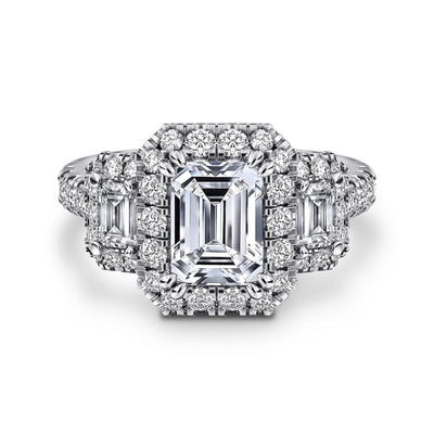 Emerald-cut Diamond Halo Three Stone Engagement Ring