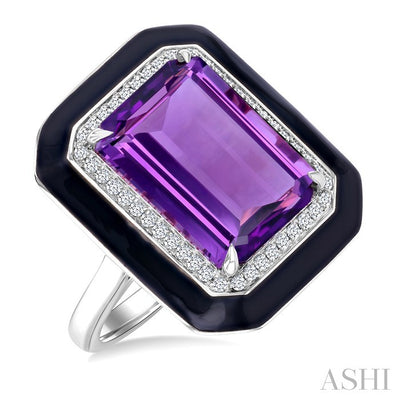 Evoque Gemstone Emerald Shape Black Enamel & Halo Diamond Ring