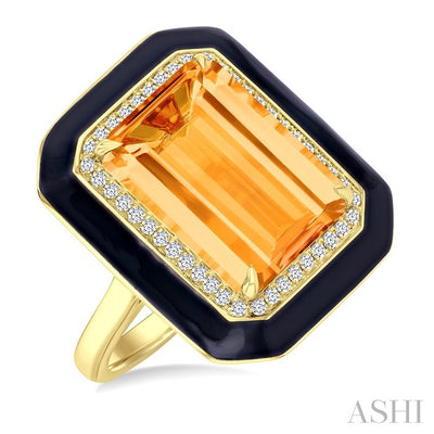 Evoque Gemstone Emerald Shape Black Enamel & Halo Diamond Ring