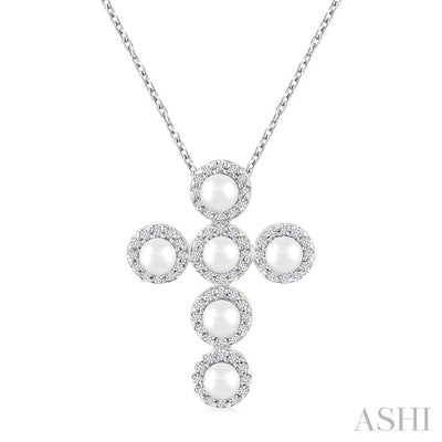 Cross Pearl & Halo Diamond Fashion Pendant