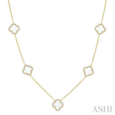 Clover Mother Of Pearl & Halo Diamond Station Necklace