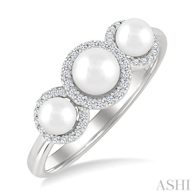 Round Shape Past Present & Future Pearl & Halo Diamond Ring