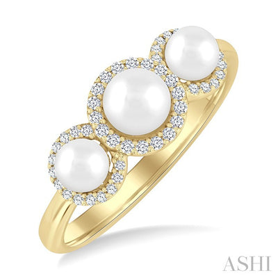 Round Shape Past Present & Future Pearl & Halo Diamond Ring