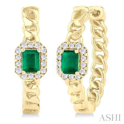 Emerald Shape Curb & Cuban Gemstone & Halo Diamond Fashion Hoop Earrings