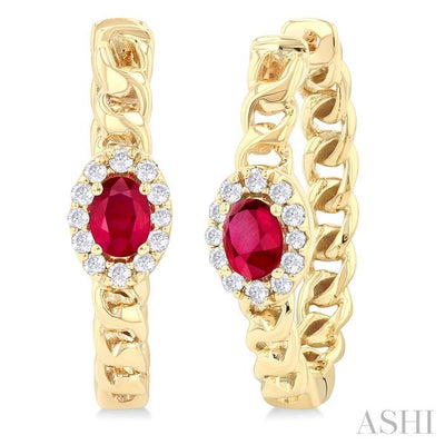 Oval Shape Curb & Cuban Gemstone & Halo Diamond Fashion Hoop Earrings