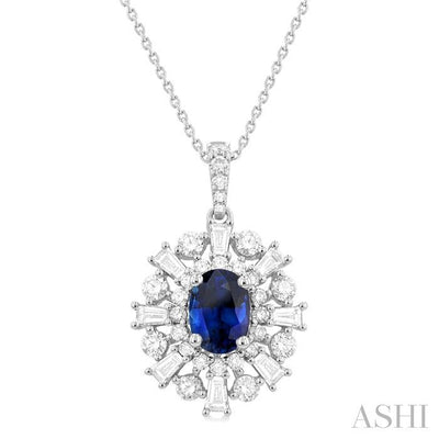 Oval Shape Gemstone & Halo Baguette Diamond Pendant