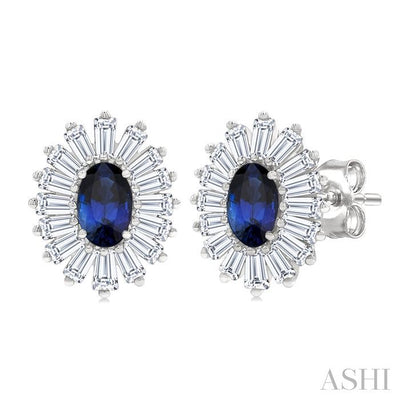 Oval Shape Gemstone & Baguette Halo Diamond Earrings