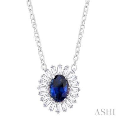 Oval Shape Gemstone & Baguette Halo Diamond Pendant