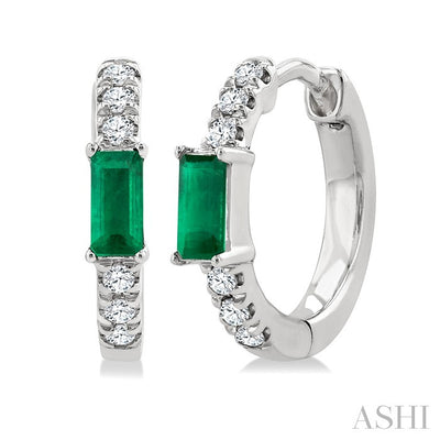 Emerald Shape Gemstone & Petite Diamond Huggie Fashion Earrings
