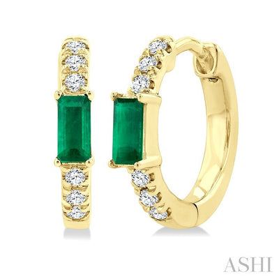 Emerald Shape Gemstone & Petite Diamond Huggie Fashion Earrings