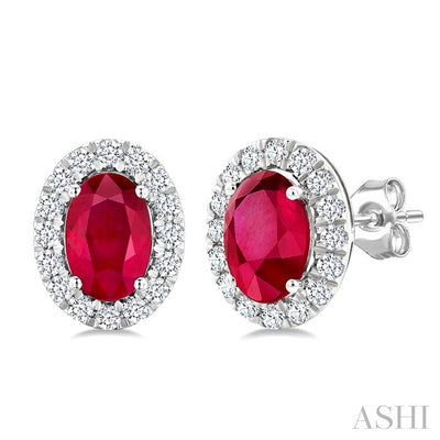 Oval Shape Gemstone & Halo Diamond Earrings