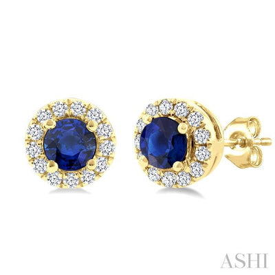 Round Shape Gemstone & Halo Diamond Earrings