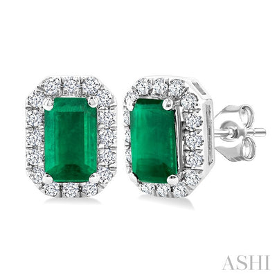 Emerald Shape Gemstone & Halo Diamond Earrings