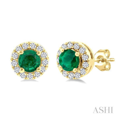 Round Shape Gemstone & Halo Diamond Earrings
