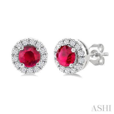 Round Shape Gemstone & Halo Diamond Earrings