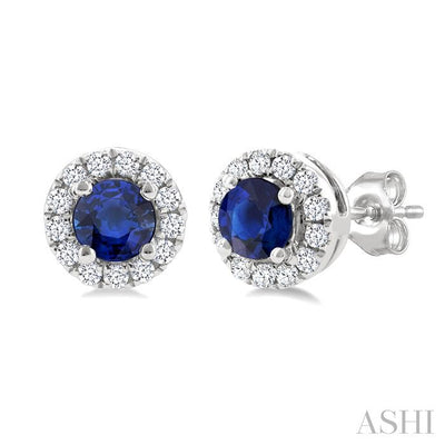 Round Shape Gemstone & Halo Diamond Earrings