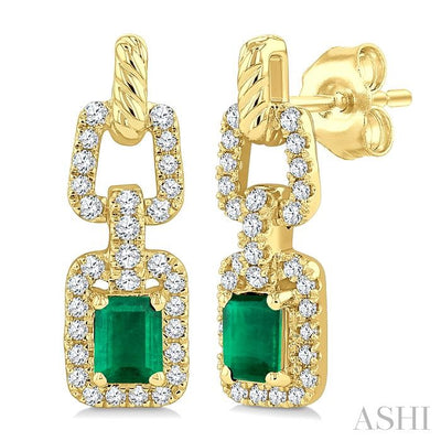 Emerald Shape Gemstone & Diamond Link Earrings