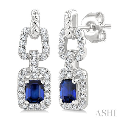 Emerald Shape Gemstone & Diamond Link Earrings