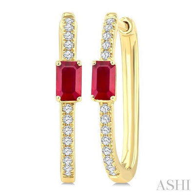 Emerald Shape Gemstone & Diamond Hoop Earrings
