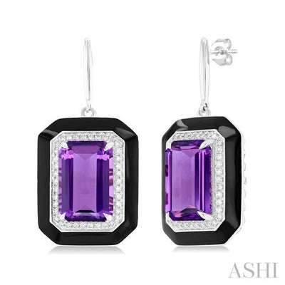 Emerald Shape Black Enamel Gemstone & Halo Diamond Earrings
