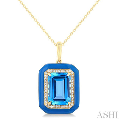 Emerald Shape Blue Enamel Gemstone & Halo Diamond Pendant