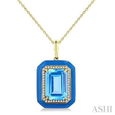 Evoque Gemstone Emerald Shape Blue Enamel & Halo Diamond Pendant