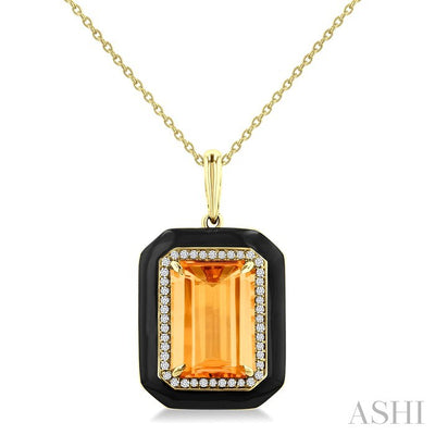Evoque Gemstone Emerald Shape Black Enamel & Halo Diamond Pendant