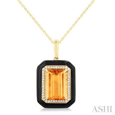 Emerald Shape Black Enamel Gemstone & Halo Diamond Pendant