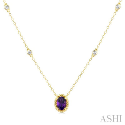 Bead Bijoux Oval Shape Gemstone & Halo Diamond Station Necklace
