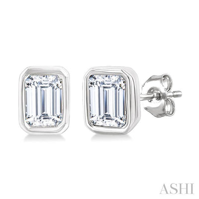 Emerald Shape Bezel Set Petite Diamond Fashion Earrings