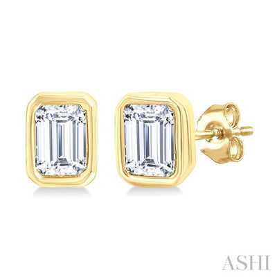 Emerald Shape Bezel Set Petite Diamond Fashion Earrings