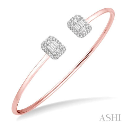 Stackable Emerald Shape Halo Fusion Diamond Open Cuff Bangle