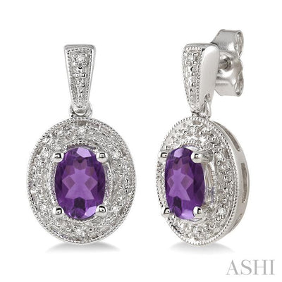 Silver Oval Shape Gemstone & Diamond Earrings