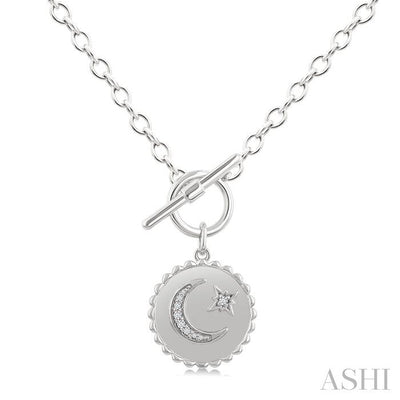 Silver Crescent Moon & Star Toggle Diamond Fashion Necklace