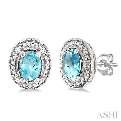 Silver Oval Shape Gemstone & Diamond Earrings